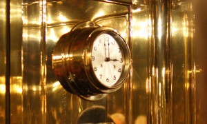 The classically-designed clock in Roderich Fick's brass elevator